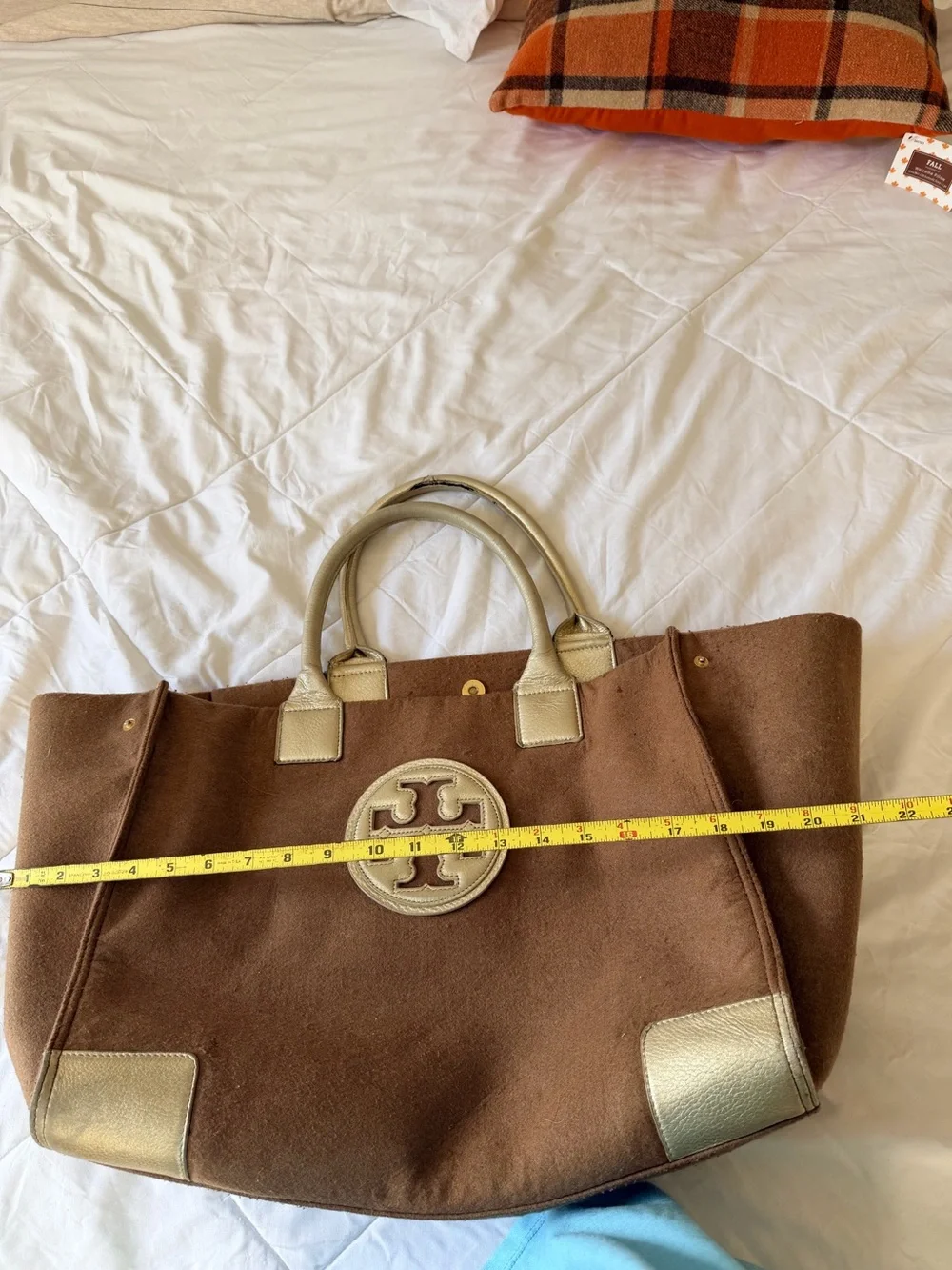 TORY BURCH Ella Brown Wool & Gold Canvas Tote Bag